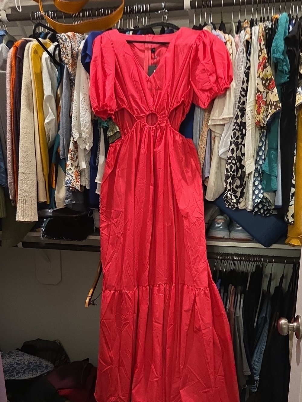 Bright Pink Puff Sleeve Maxi Dress with Ring Cutout